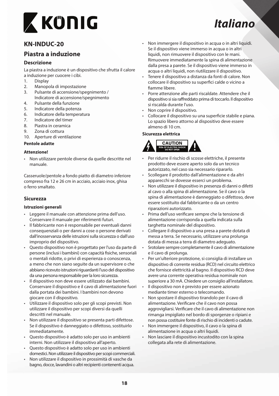 Italiano, Kn-induc-20 piastra a induzione | Konig Electronic Slim-Line induction cooker touch control 2000W User Manual | Page 18 / 80