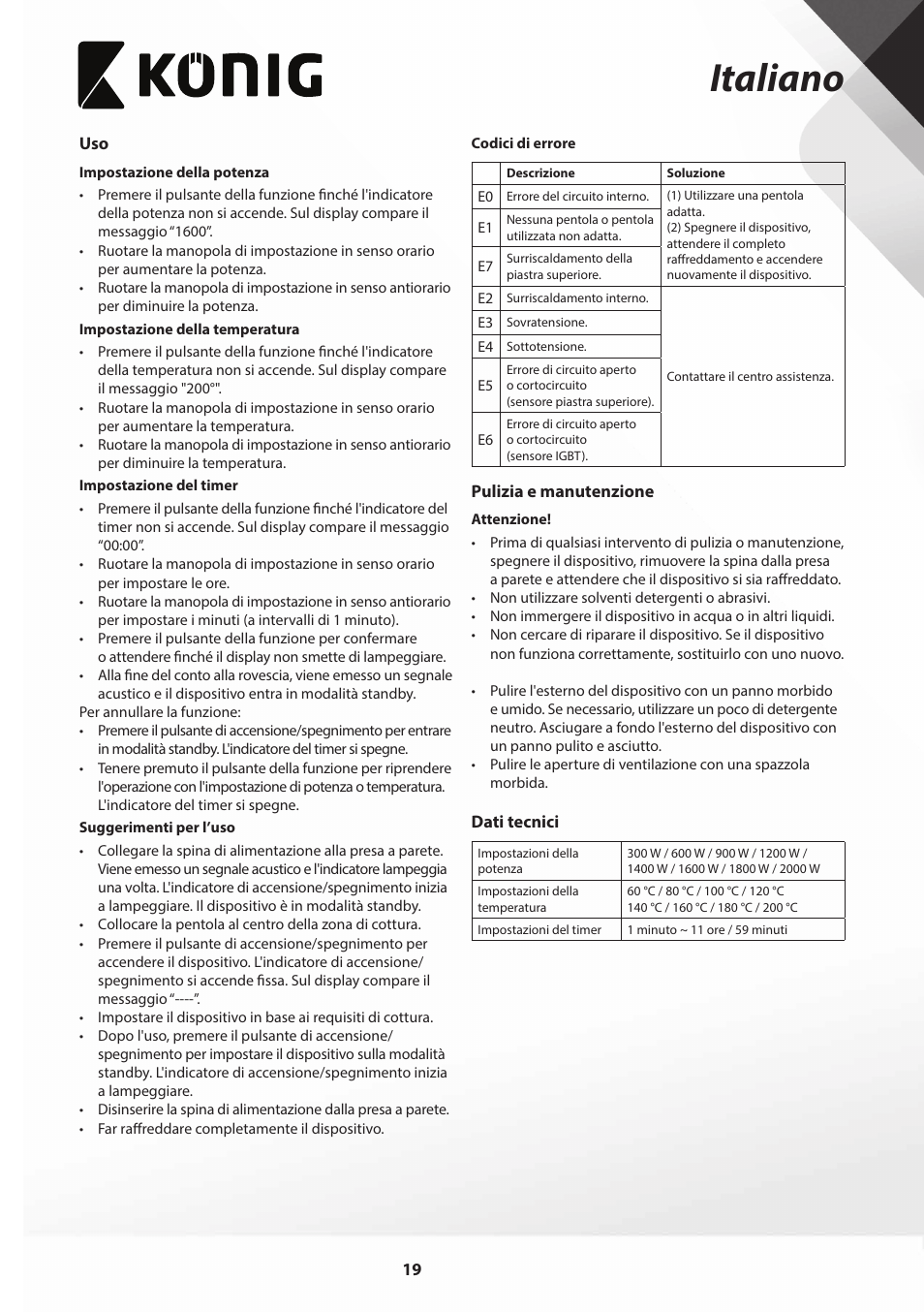 Italiano | Konig Electronic Slim-Line induction cooker touch control 2000W User Manual | Page 19 / 80