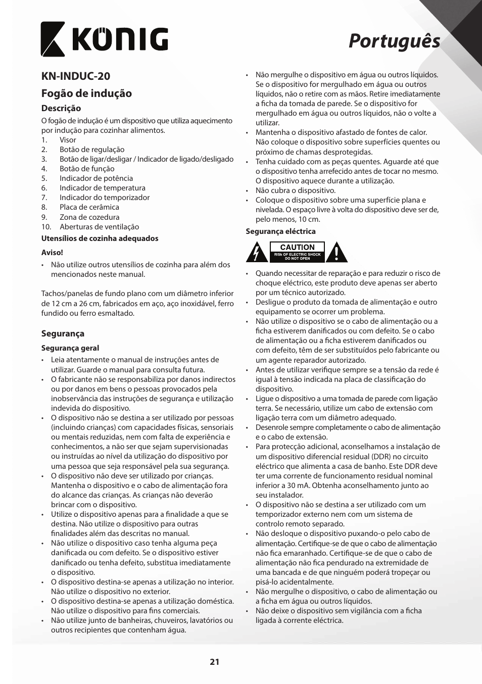 Português, Kn-induc-20 fogão de indução | Konig Electronic Slim-Line induction cooker touch control 2000W User Manual | Page 21 / 80