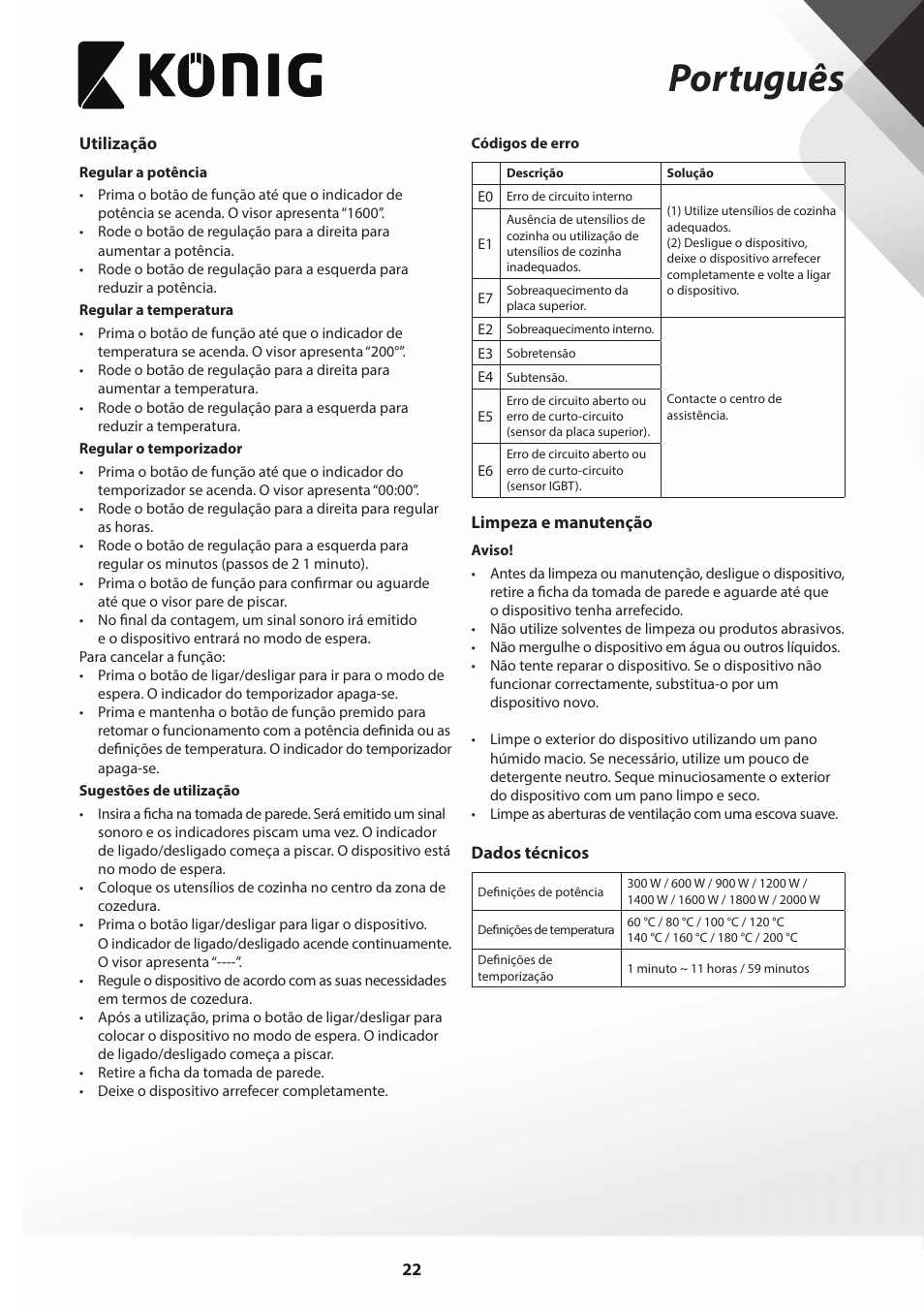 Português | Konig Electronic Slim-Line induction cooker touch control 2000W User Manual | Page 22 / 80