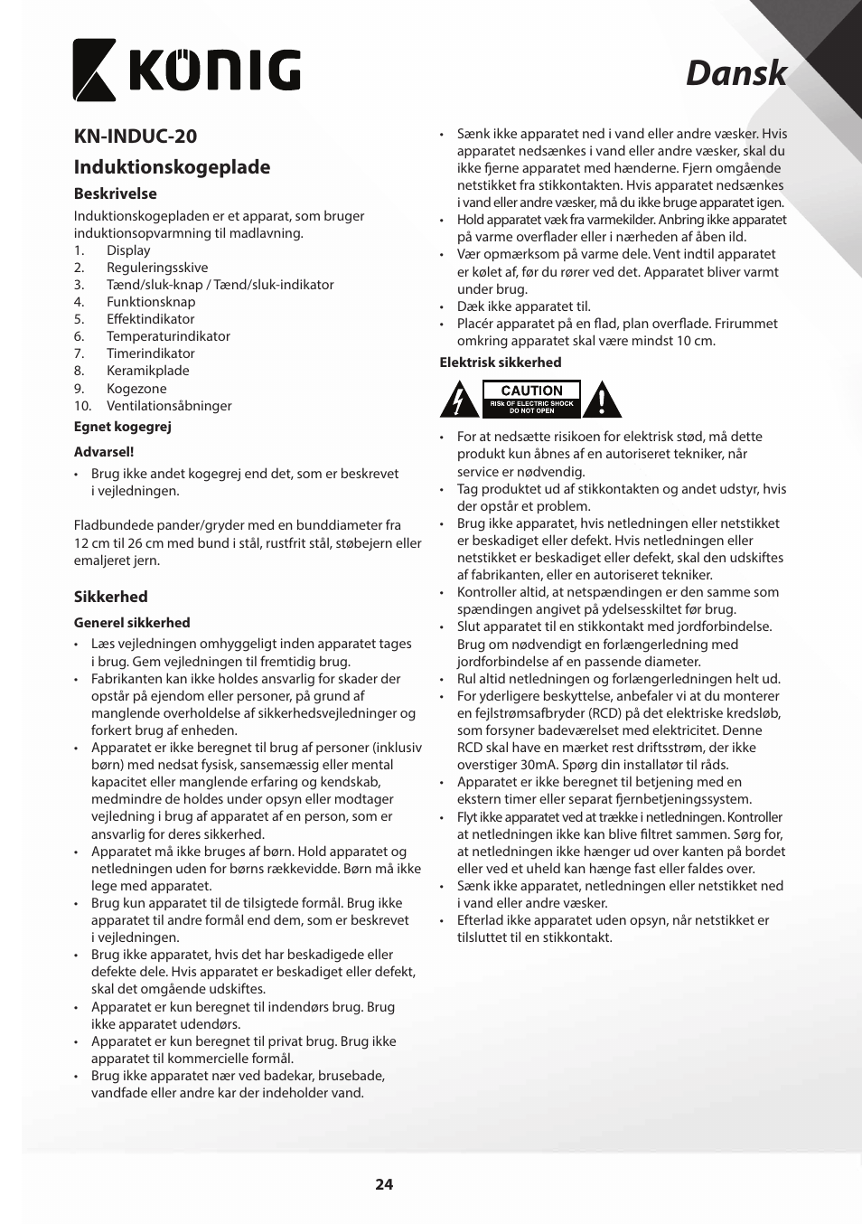 Dansk, Kn-induc-20 induktionskogeplade | Konig Electronic Slim-Line induction cooker touch control 2000W User Manual | Page 24 / 80