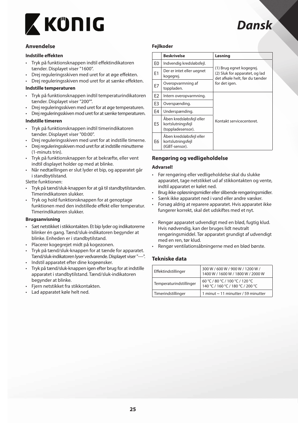 Dansk | Konig Electronic Slim-Line induction cooker touch control 2000W User Manual | Page 25 / 80