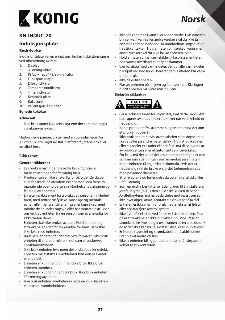 Norsk, Kn-induc-20 induksjonsplate | Konig Electronic Slim-Line induction cooker touch control 2000W User Manual | Page 27 / 80