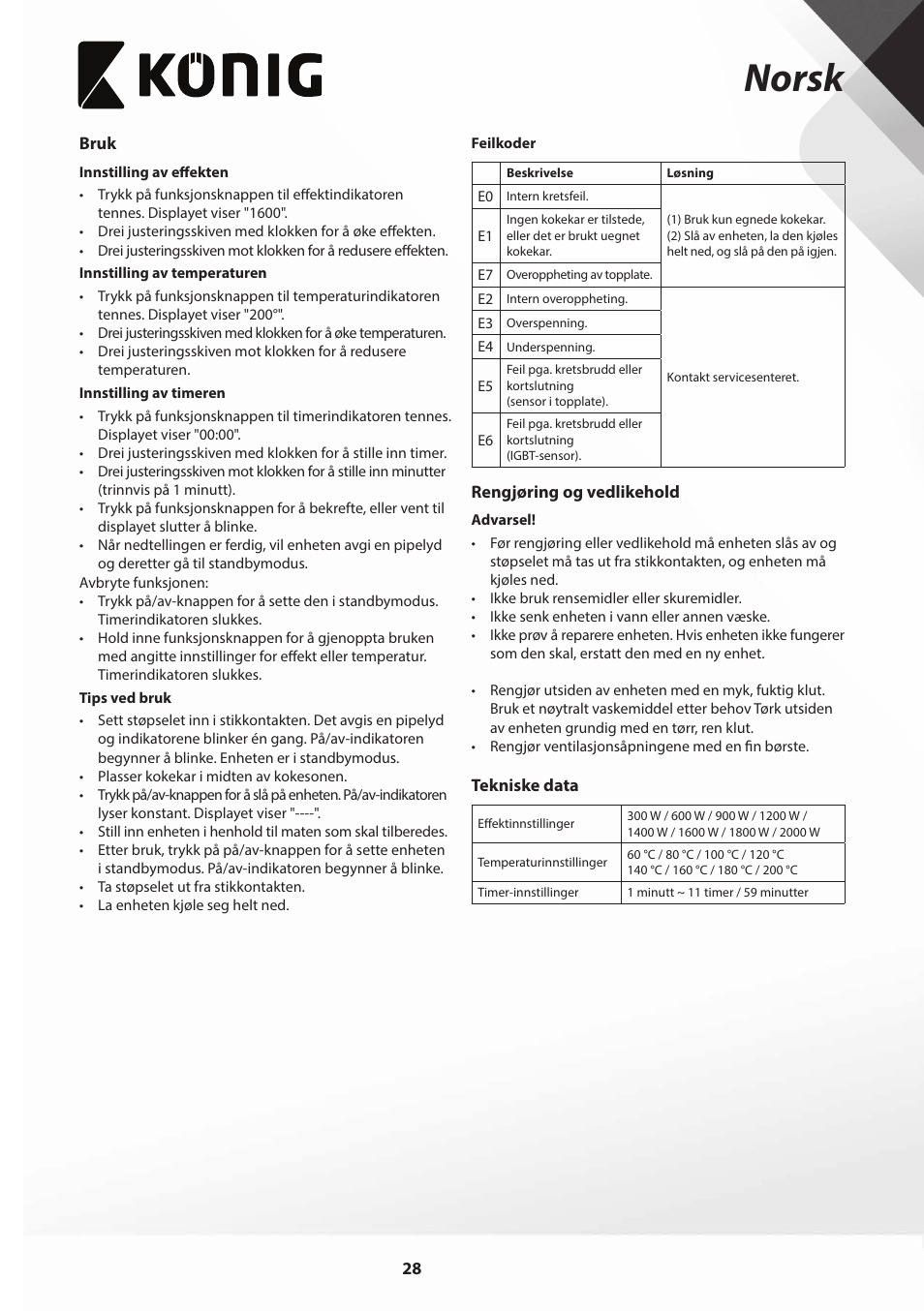 Norsk | Konig Electronic Slim-Line induction cooker touch control 2000W User Manual | Page 28 / 80