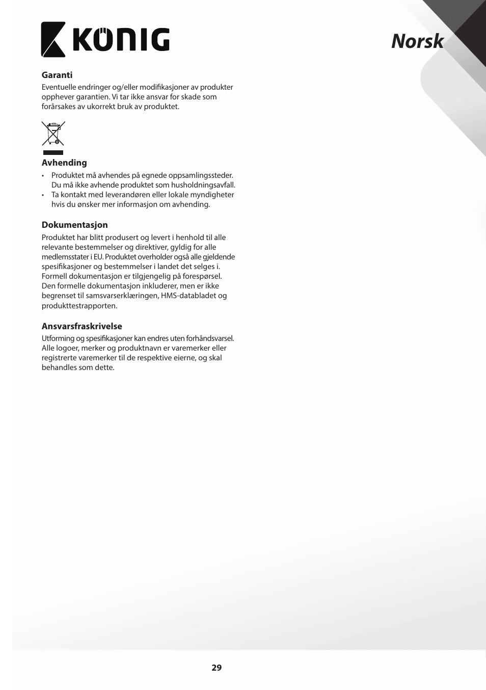 Norsk | Konig Electronic Slim-Line induction cooker touch control 2000W User Manual | Page 29 / 80