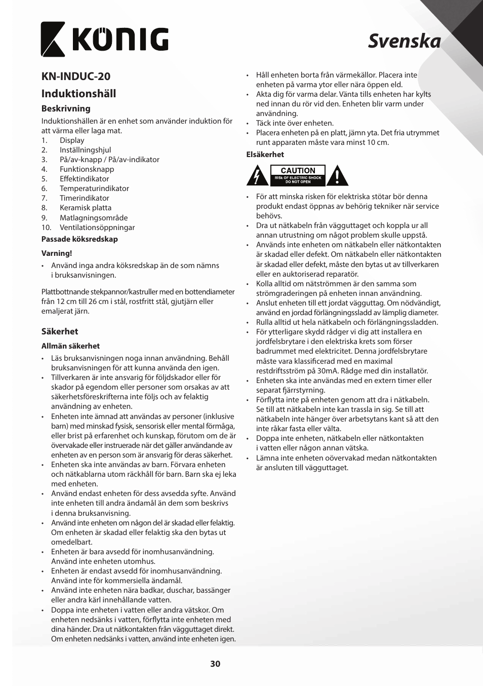Svenska, Kn-induc-20 induktionshäll | Konig Electronic Slim-Line induction cooker touch control 2000W User Manual | Page 30 / 80