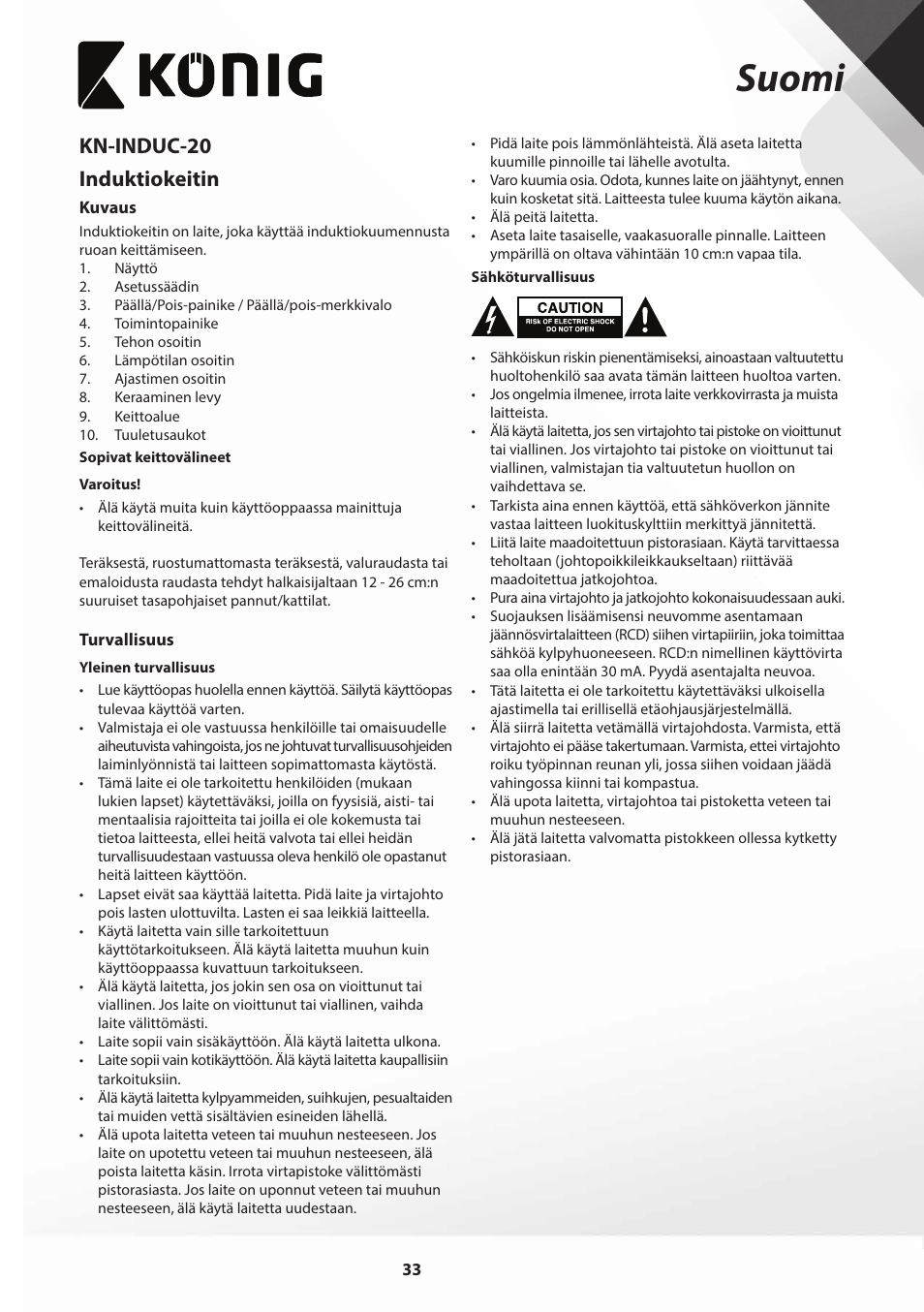 Suomi, Kn-induc-20 induktiokeitin | Konig Electronic Slim-Line induction cooker touch control 2000W User Manual | Page 33 / 80