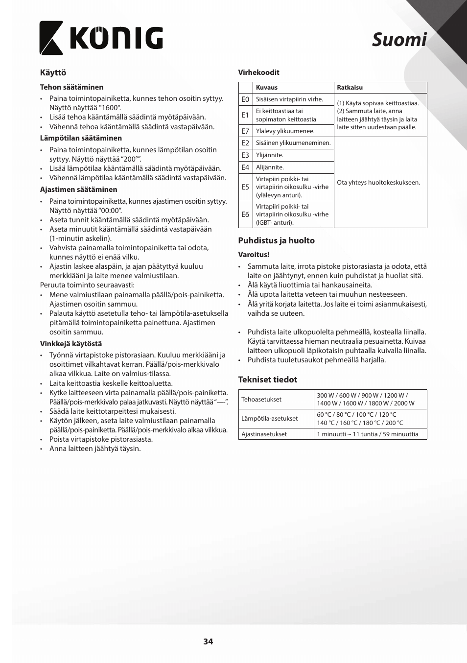 Suomi | Konig Electronic Slim-Line induction cooker touch control 2000W User Manual | Page 34 / 80