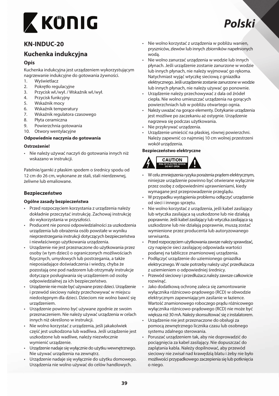 Polski, Kn-induc-20 kuchenka indukcyjna | Konig Electronic Slim-Line induction cooker touch control 2000W User Manual | Page 39 / 80