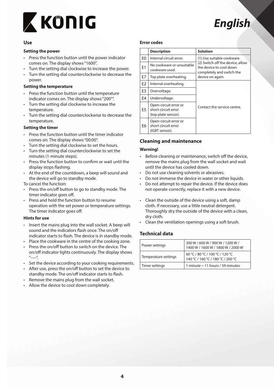 English | Konig Electronic Slim-Line induction cooker touch control 2000W User Manual | Page 4 / 80