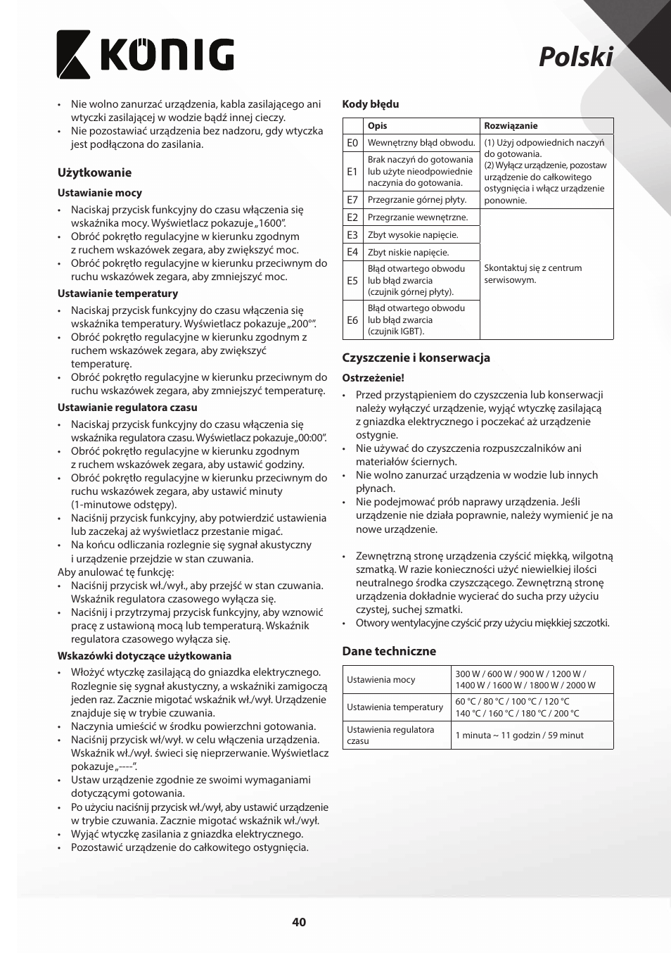 Polski | Konig Electronic Slim-Line induction cooker touch control 2000W User Manual | Page 40 / 80