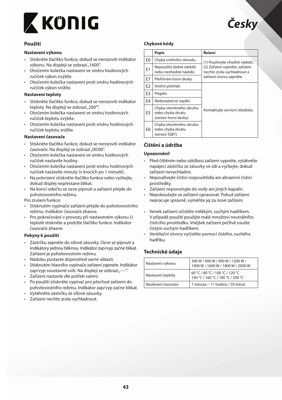 Česky | Konig Electronic Slim-Line induction cooker touch control 2000W User Manual | Page 43 / 80