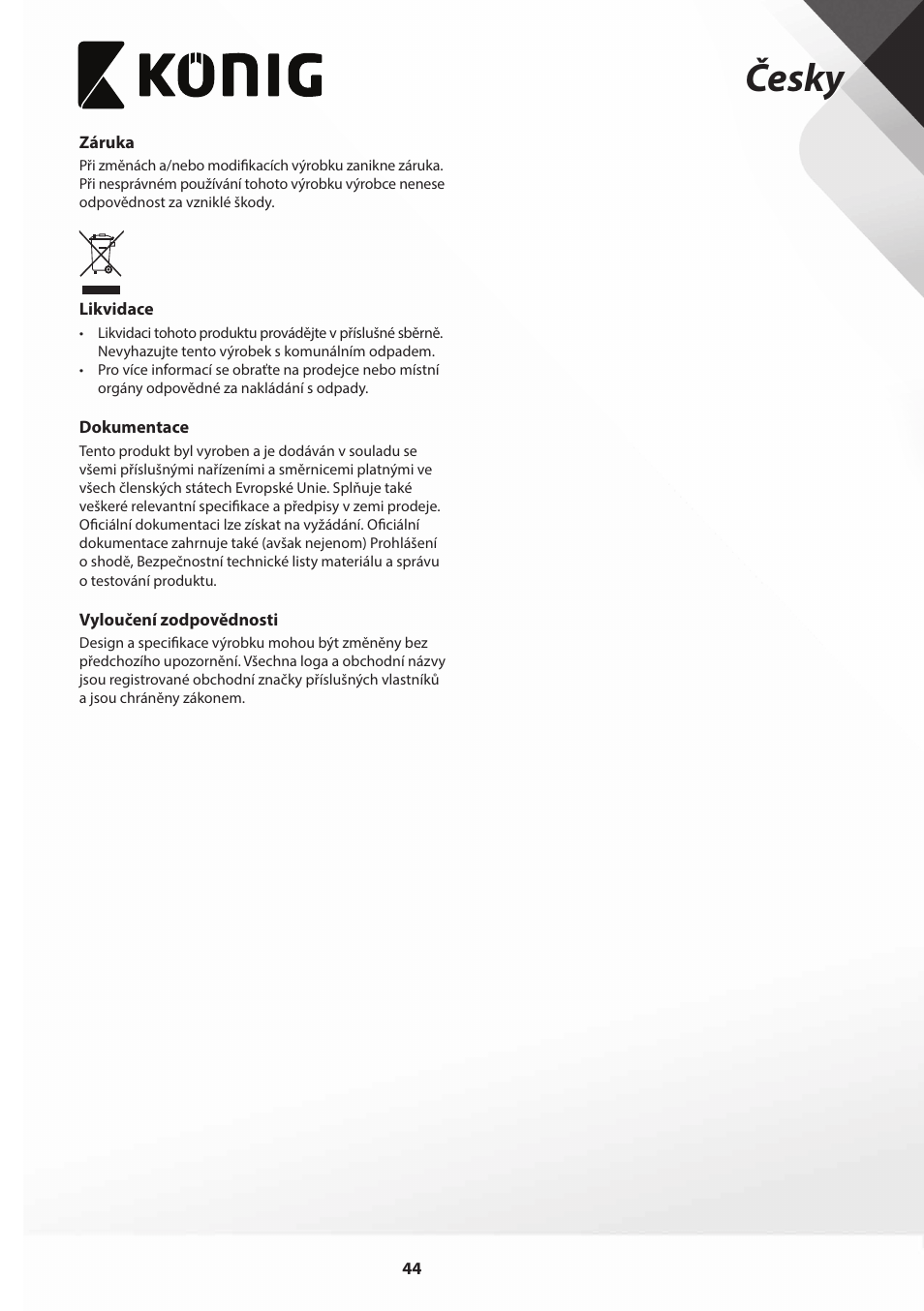 Česky | Konig Electronic Slim-Line induction cooker touch control 2000W User Manual | Page 44 / 80
