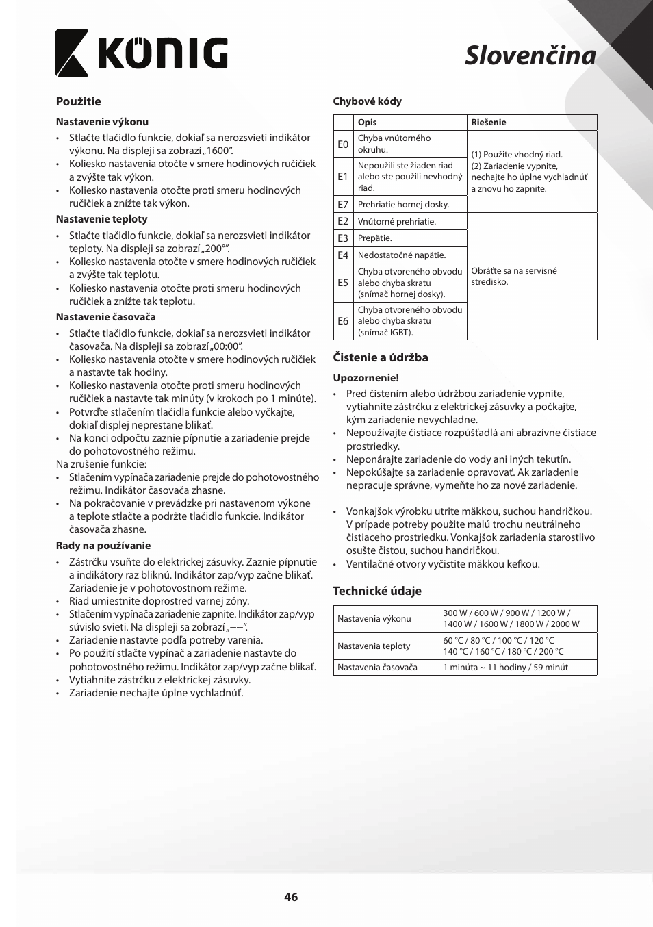 Slovenčina | Konig Electronic Slim-Line induction cooker touch control 2000W User Manual | Page 46 / 80