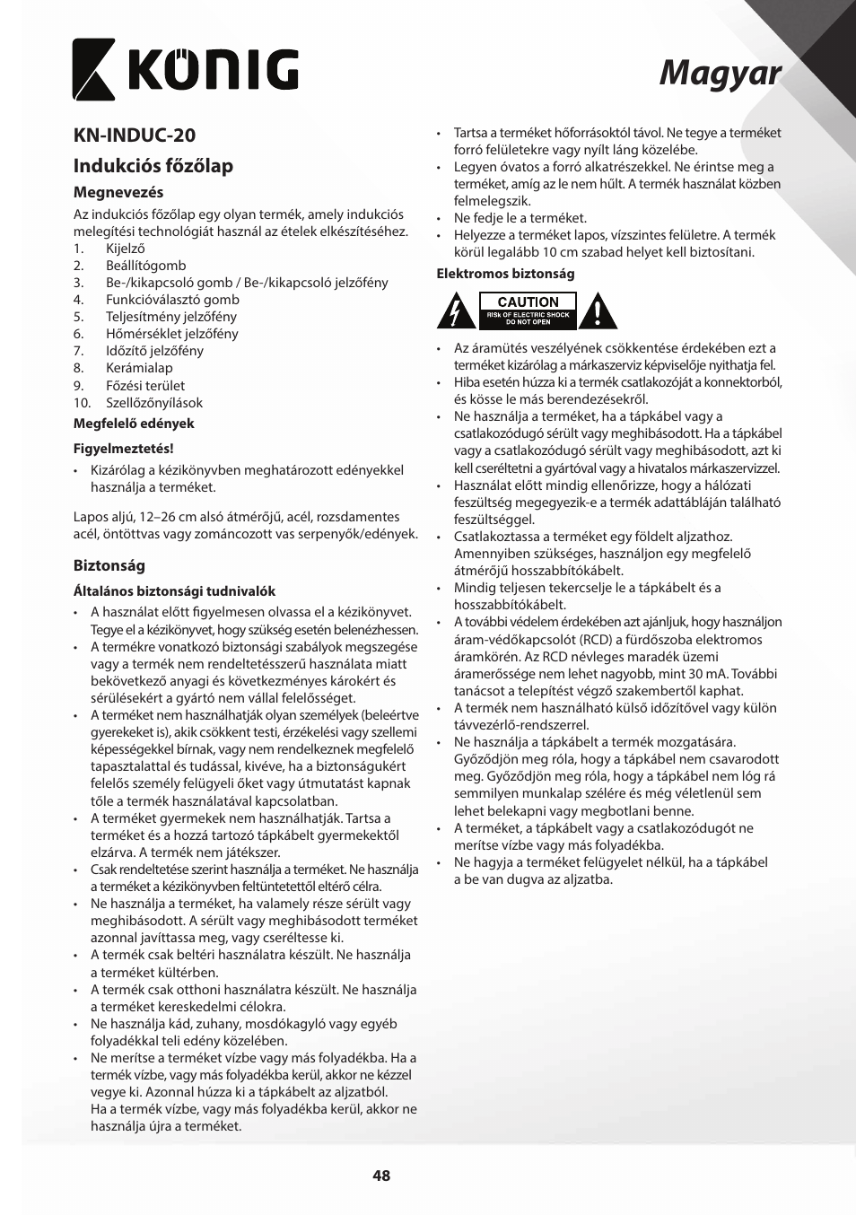 Magyar, Kn-induc-20 indukciós főzőlap | Konig Electronic Slim-Line induction cooker touch control 2000W User Manual | Page 48 / 80