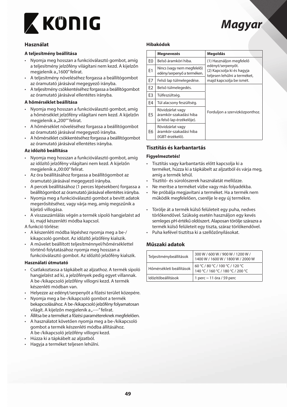 Magyar | Konig Electronic Slim-Line induction cooker touch control 2000W User Manual | Page 49 / 80