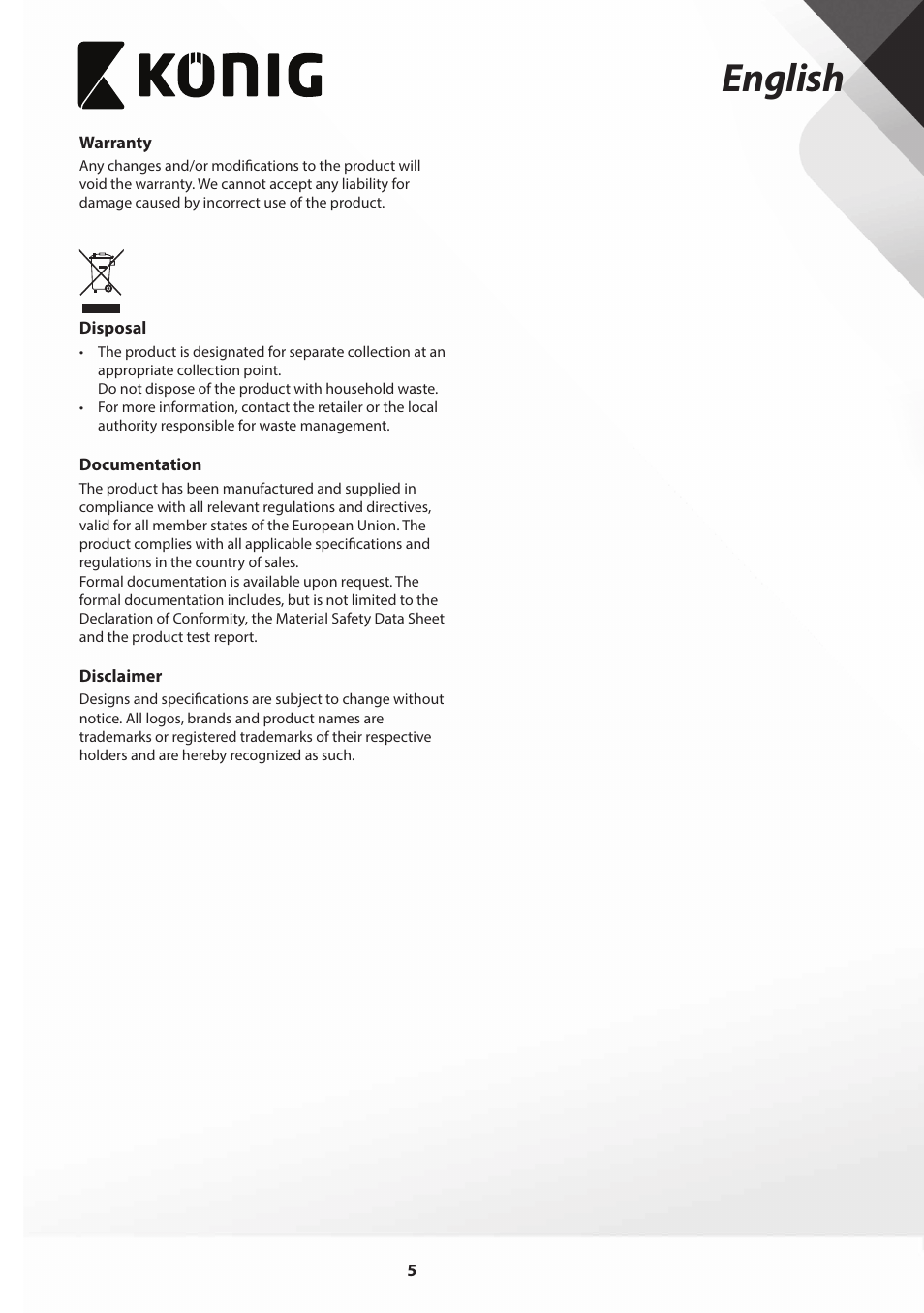 English | Konig Electronic Slim-Line induction cooker touch control 2000W User Manual | Page 5 / 80