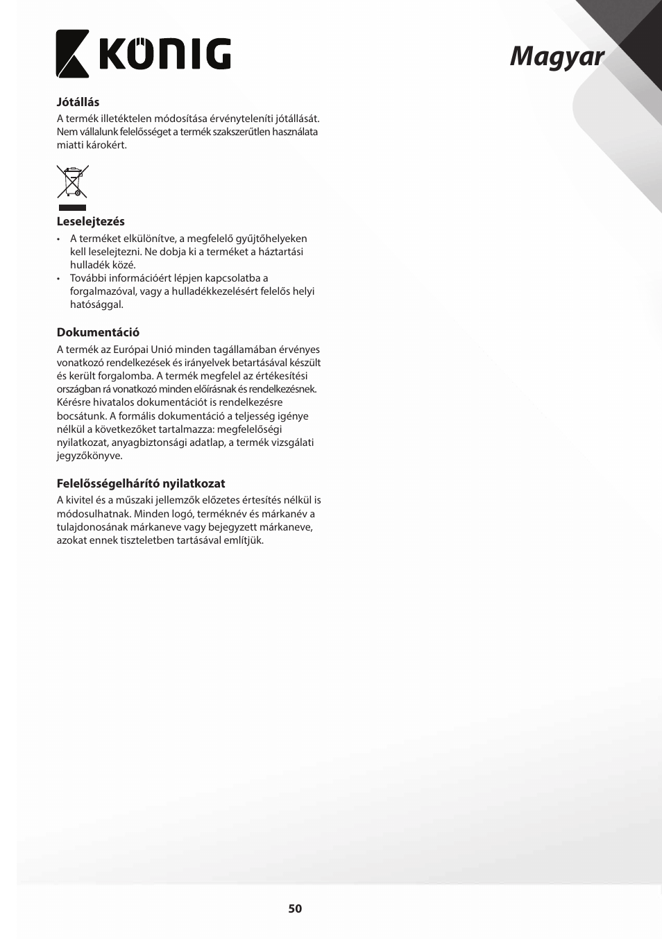 Magyar | Konig Electronic Slim-Line induction cooker touch control 2000W User Manual | Page 50 / 80