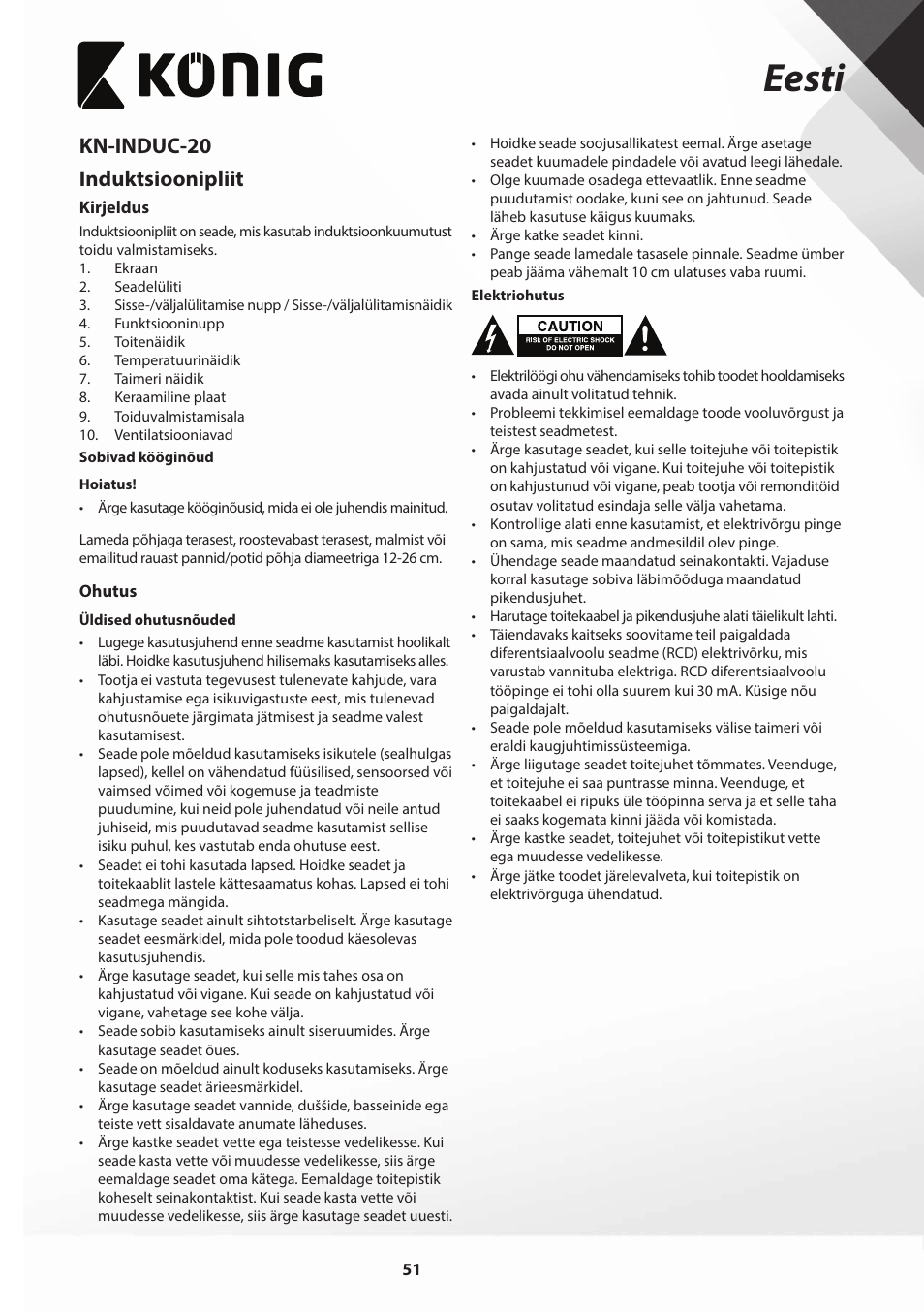 Eesti, Kn-induc-20 induktsioonipliit | Konig Electronic Slim-Line induction cooker touch control 2000W User Manual | Page 51 / 80