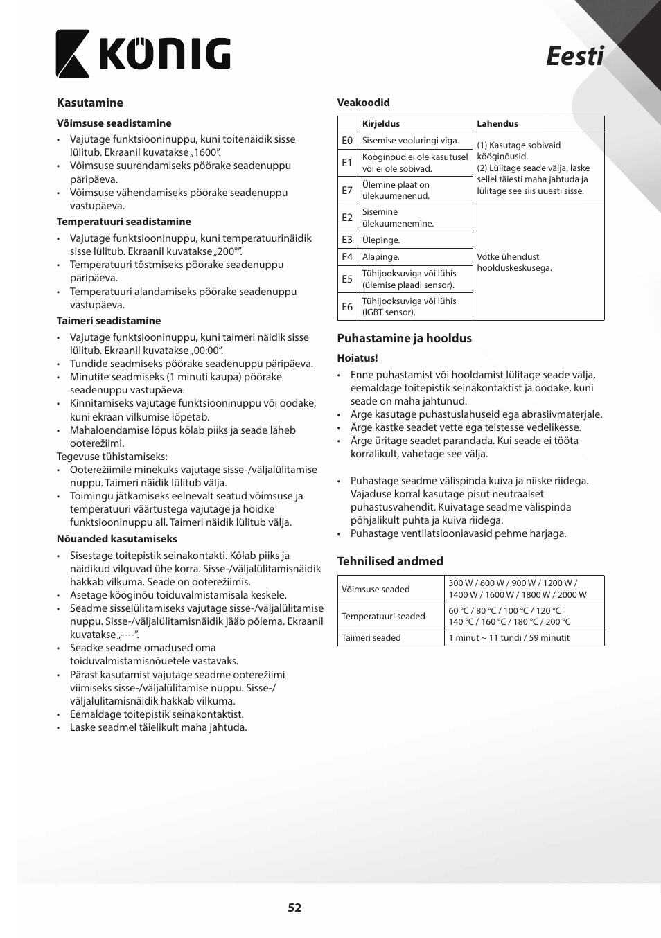 Eesti | Konig Electronic Slim-Line induction cooker touch control 2000W User Manual | Page 52 / 80