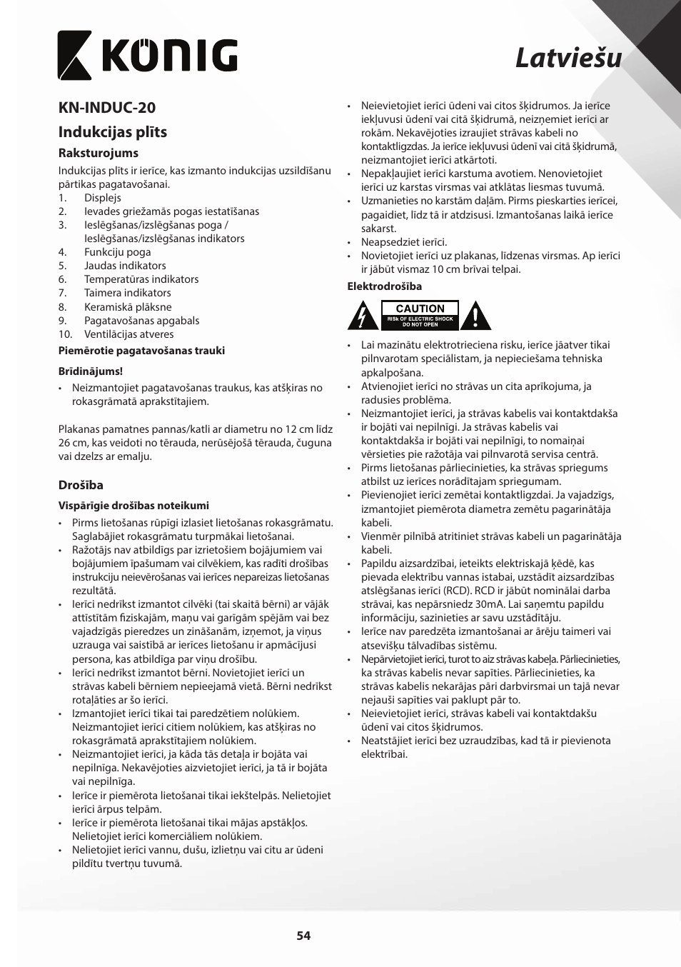 Latviešu, Kn-induc-20 indukcijas plīts | Konig Electronic Slim-Line induction cooker touch control 2000W User Manual | Page 54 / 80