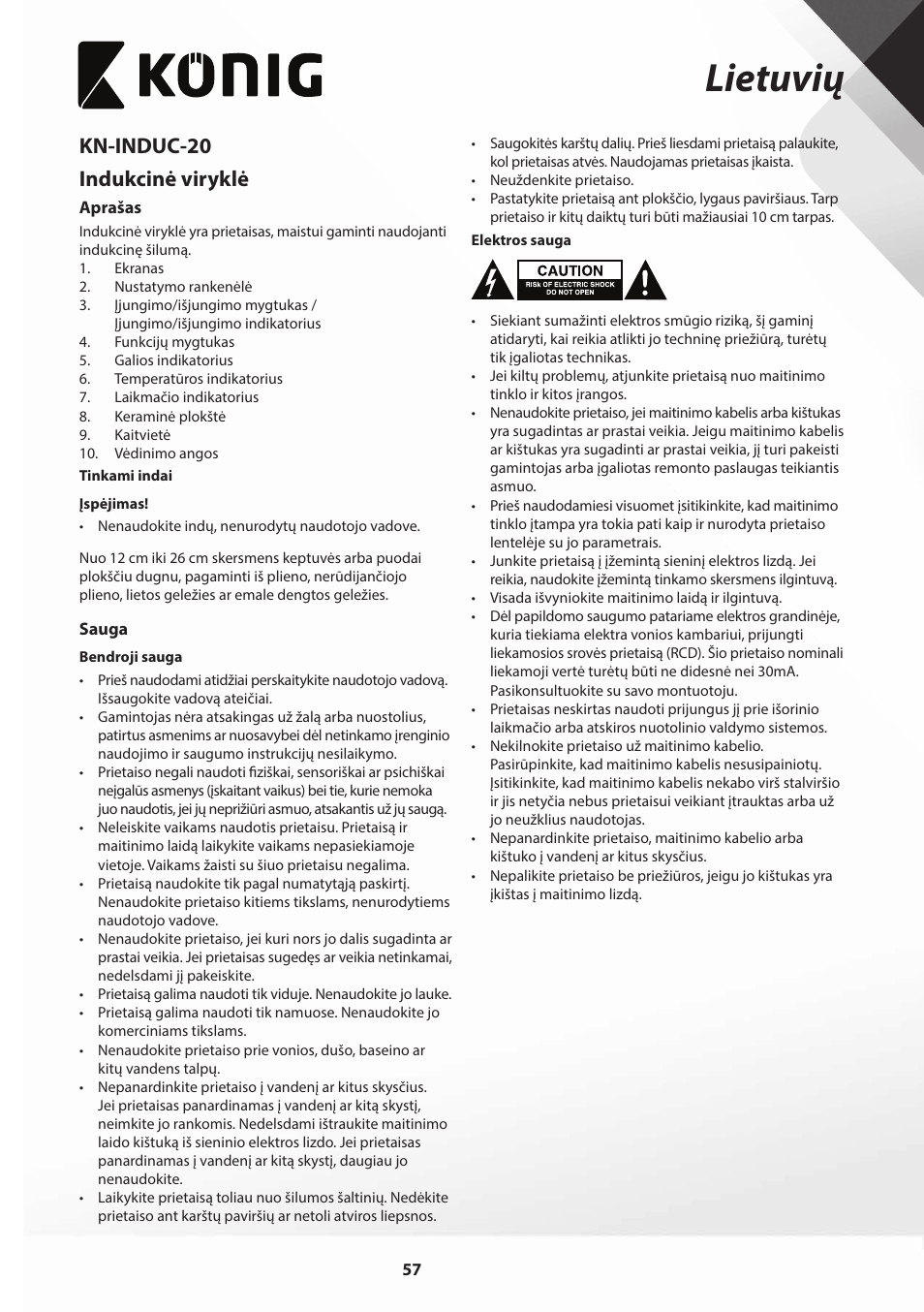 Lietuvių, Kn-induc-20 indukcinė viryklė | Konig Electronic Slim-Line induction cooker touch control 2000W User Manual | Page 57 / 80