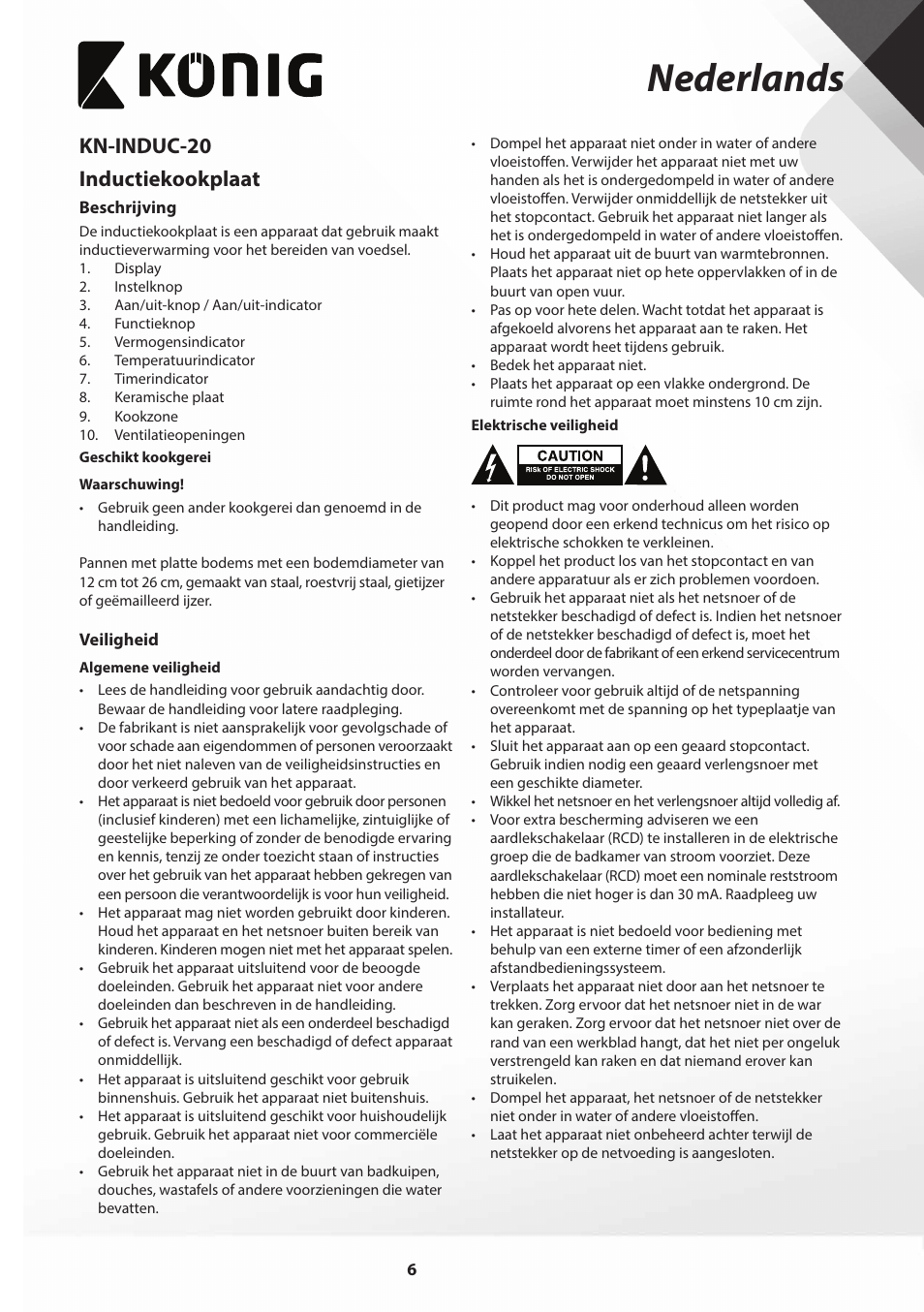 Nederlands, Kn-induc-20 inductiekookplaat | Konig Electronic Slim-Line induction cooker touch control 2000W User Manual | Page 6 / 80