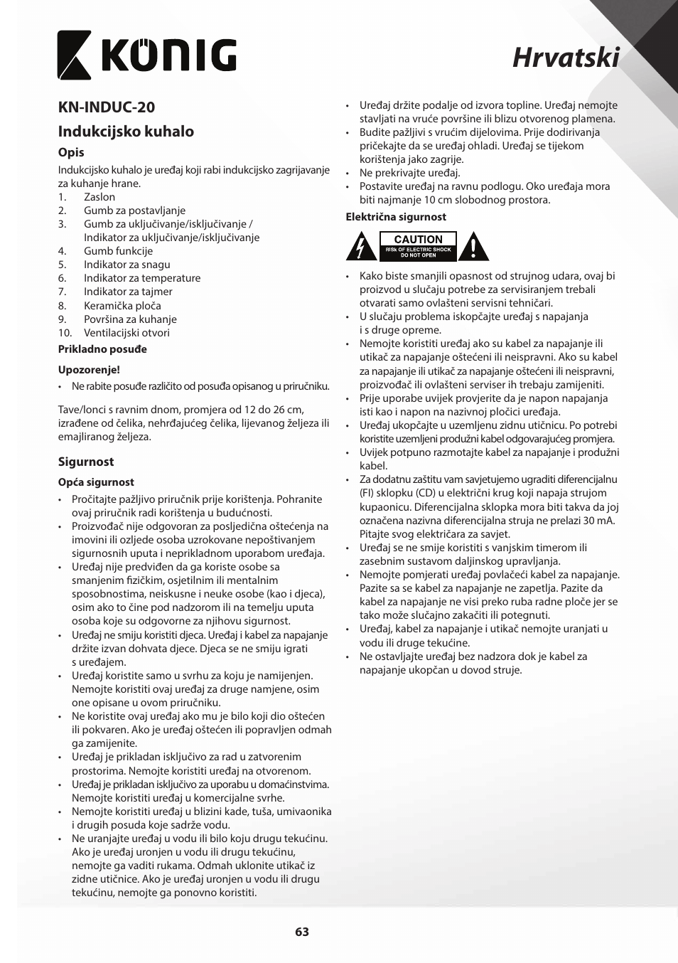 Hrvatski, Kn-induc-20 indukcijsko kuhalo | Konig Electronic Slim-Line induction cooker touch control 2000W User Manual | Page 63 / 80