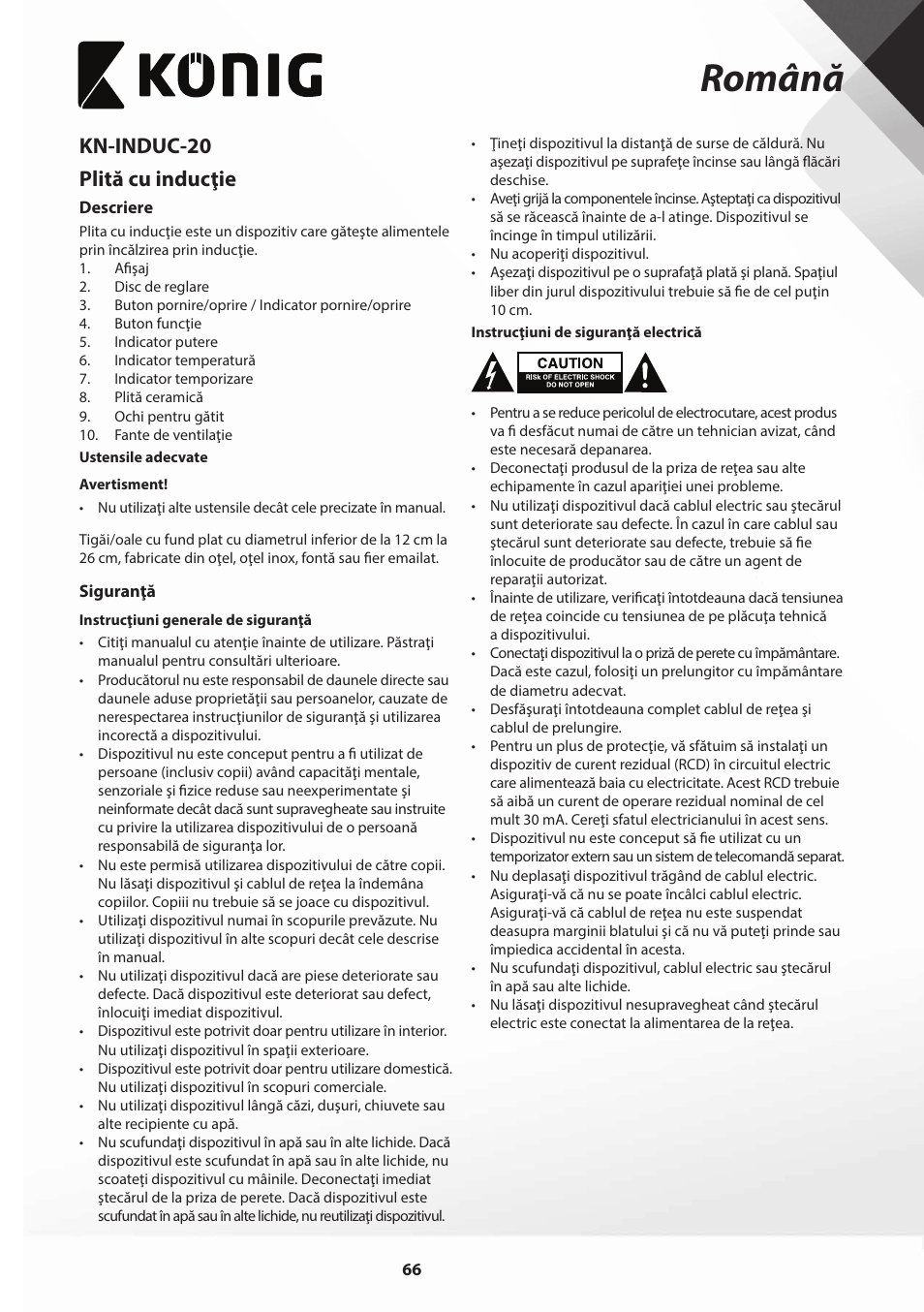Română, Kn-induc-20 plită cu inducţie | Konig Electronic Slim-Line induction cooker touch control 2000W User Manual | Page 66 / 80