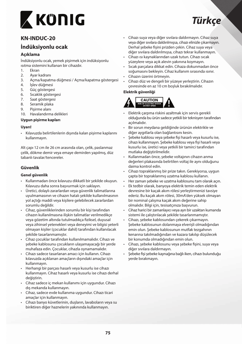 Türkçe, Kn-induc-20 indüksiyonlu ocak | Konig Electronic Slim-Line induction cooker touch control 2000W User Manual | Page 75 / 80