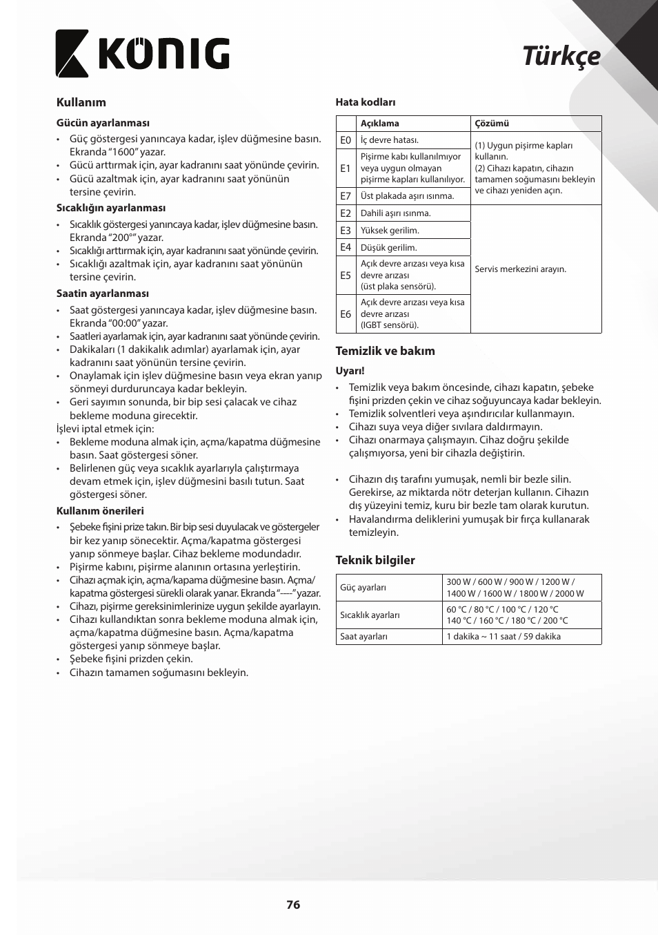 Türkçe | Konig Electronic Slim-Line induction cooker touch control 2000W User Manual | Page 76 / 80
