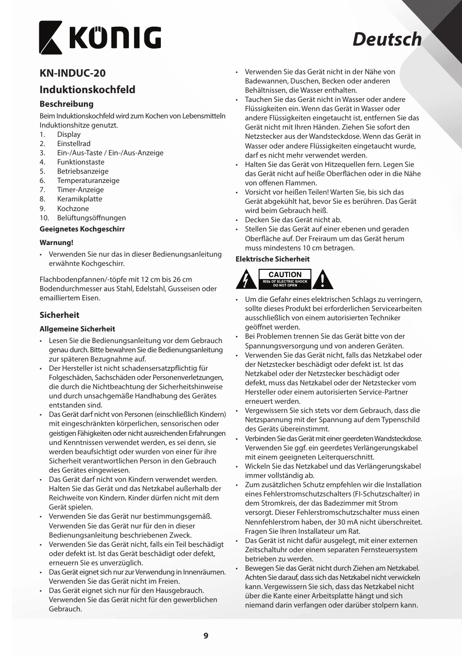 Deutsch, Kn-induc-20 induktionskochfeld | Konig Electronic Slim-Line induction cooker touch control 2000W User Manual | Page 9 / 80