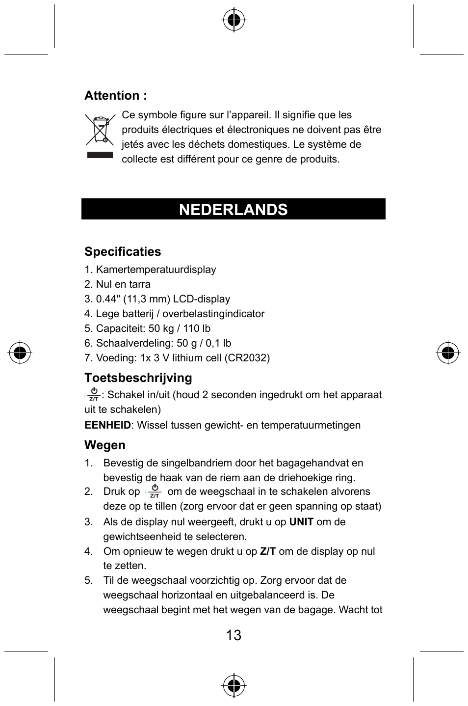 Nederlands | Konig Electronic Digital luggage scale User Manual | Page 13 / 60