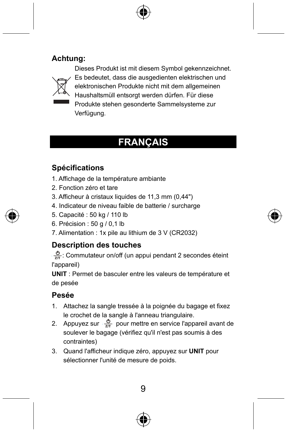 Français | Konig Electronic Digital luggage scale User Manual | Page 9 / 60