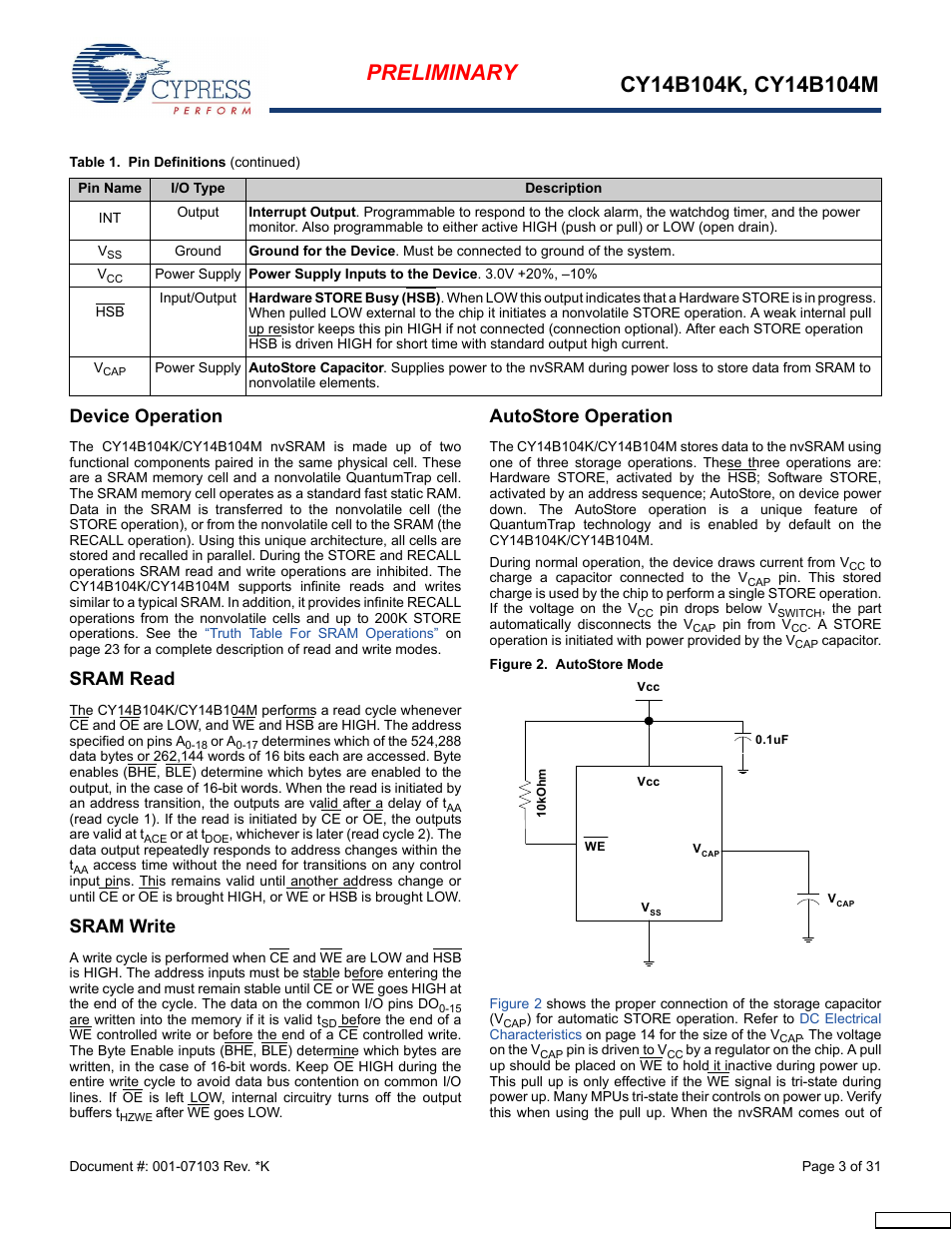 Device operation, Sram read, Sram write | Autostore operation | Cypress CY14B104M User Manual | Page 3 / 31