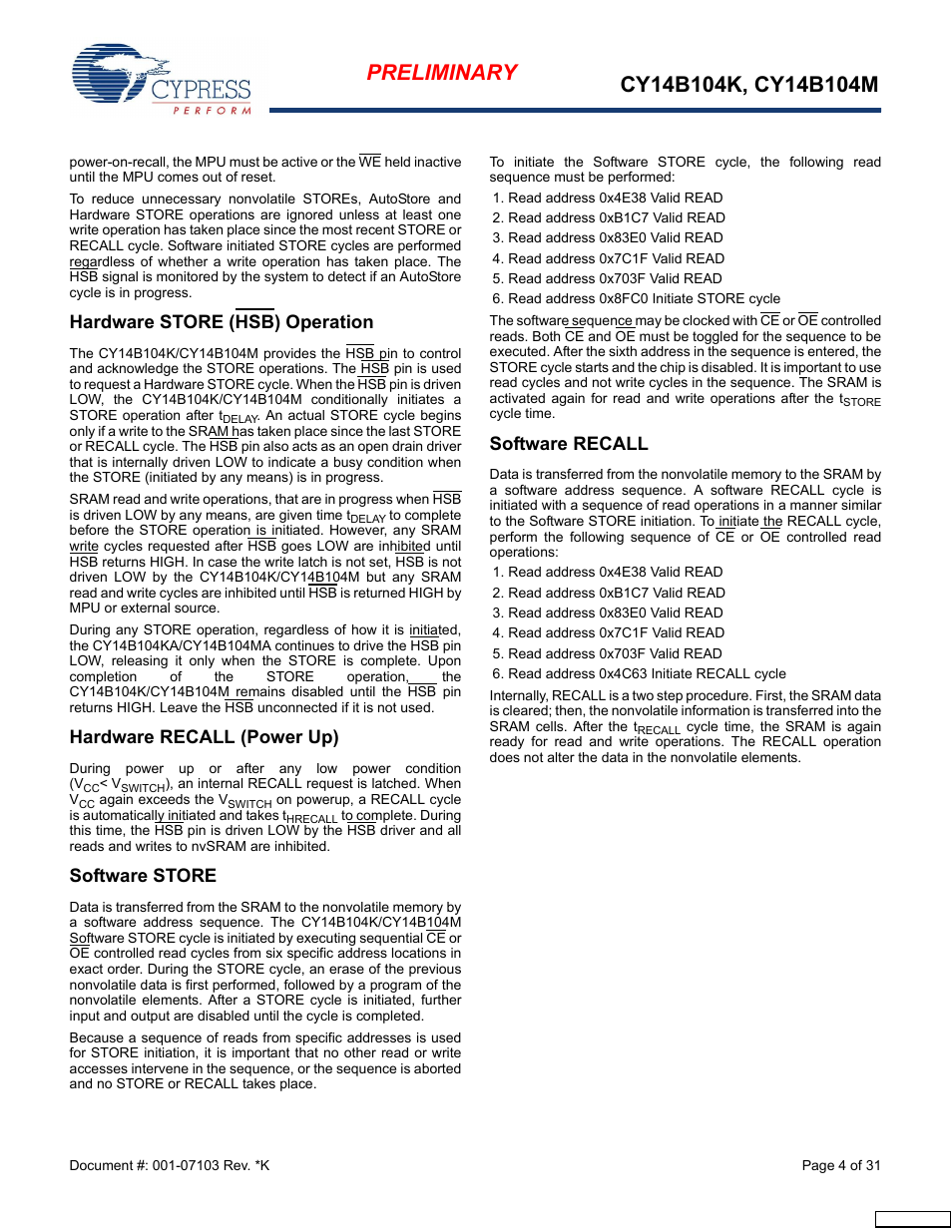 Hardware store (hsb) operation, Hardware recall (power up), Software store | Software recall | Cypress CY14B104M User Manual | Page 4 / 31