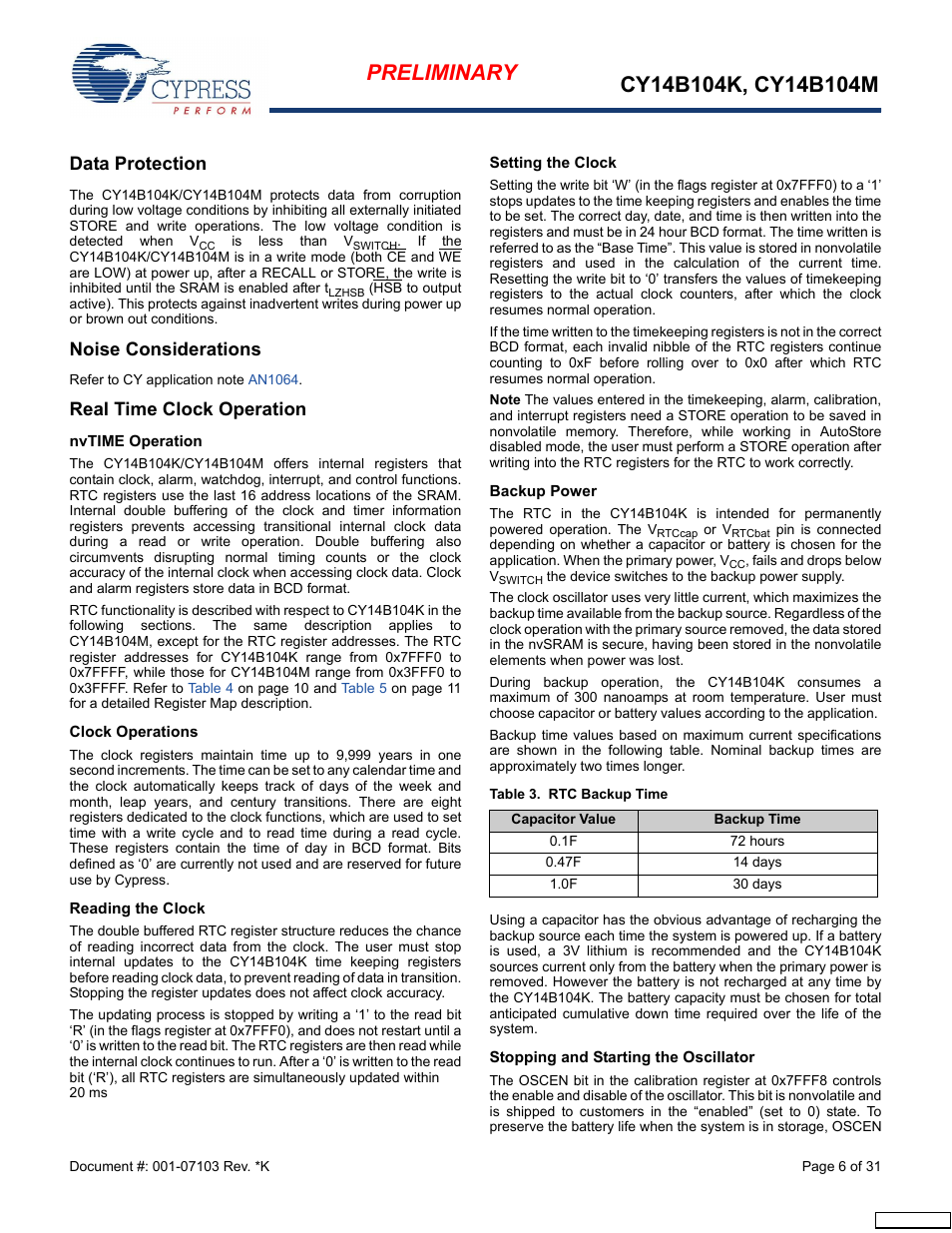 Data protection, Noise considerations, Real time clock operation | Nvtime operation, Clock operations, Reading the clock, Setting the clock, Backup power, Stopping and starting the oscillator | Cypress CY14B104M User Manual | Page 6 / 31