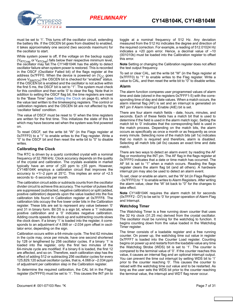 Calibrating the clock, Alarm, Watchdog timer | Cypress CY14B104M User Manual | Page 7 / 31