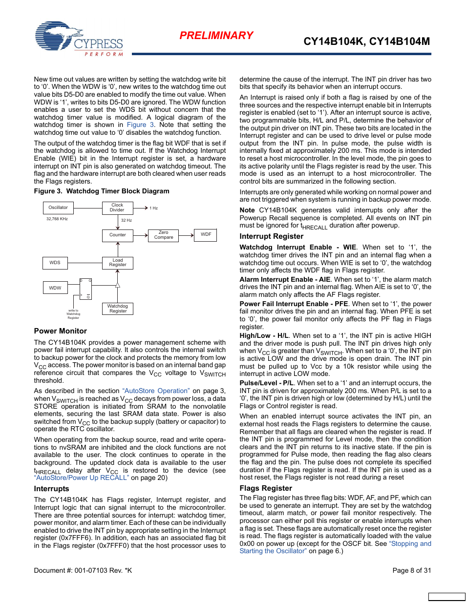 Power monitor, Interrupts, Flags register | Cypress CY14B104M User Manual | Page 8 / 31