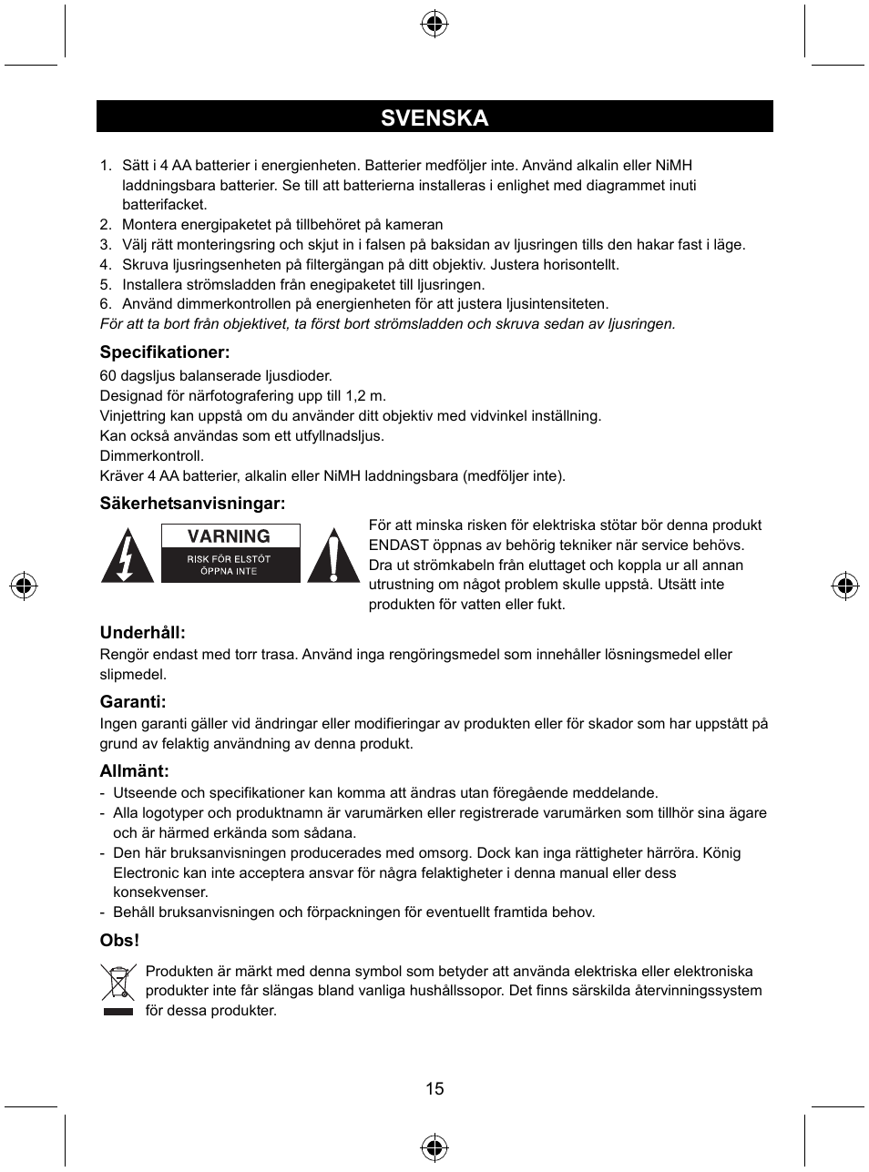 Svenska | Konig Electronic Camera ring light 60 LED User Manual | Page 15 / 35