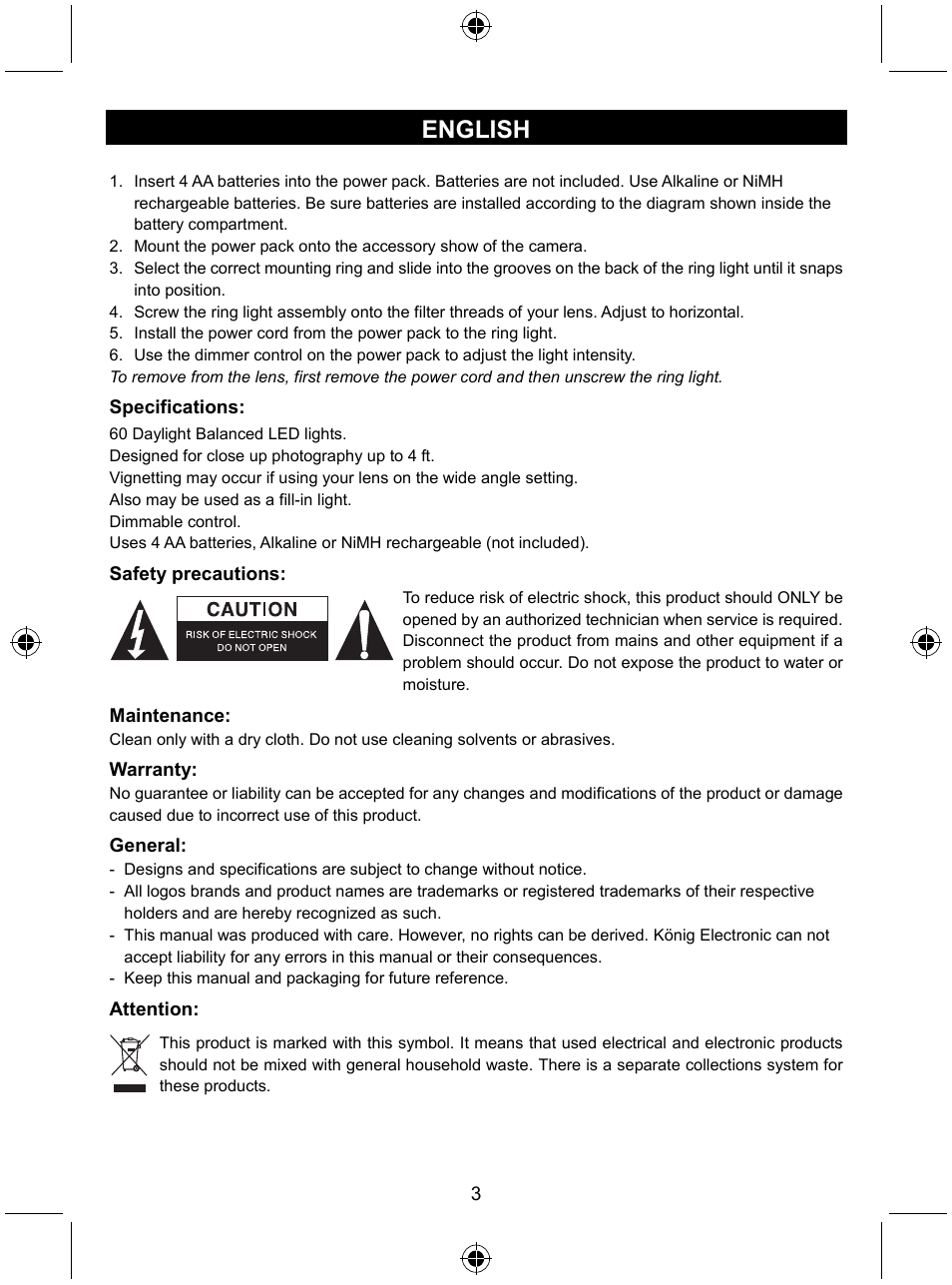 English | Konig Electronic Camera ring light 60 LED User Manual | Page 3 / 35