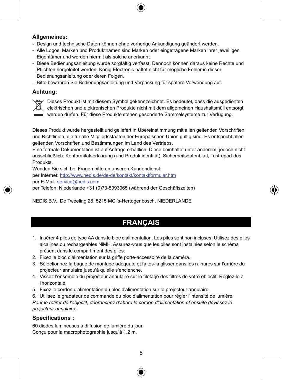Français | Konig Electronic Camera ring light 60 LED User Manual | Page 5 / 35