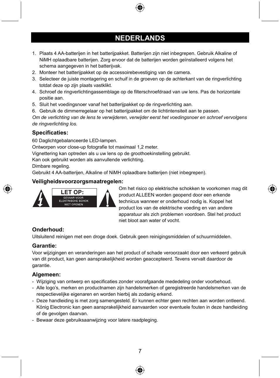 Nederlands | Konig Electronic Camera ring light 60 LED User Manual | Page 7 / 35