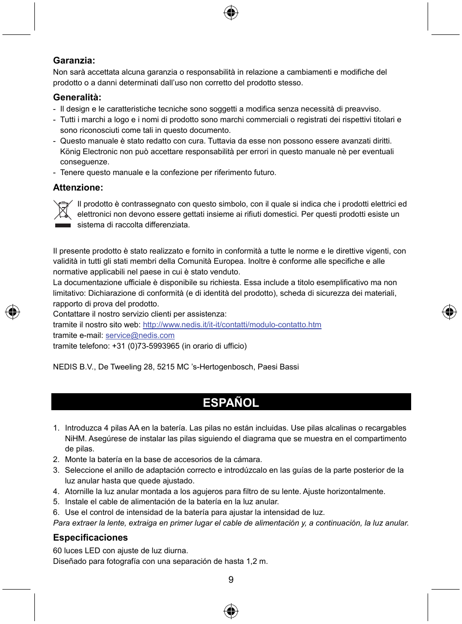 Español | Konig Electronic Camera ring light 60 LED User Manual | Page 9 / 35