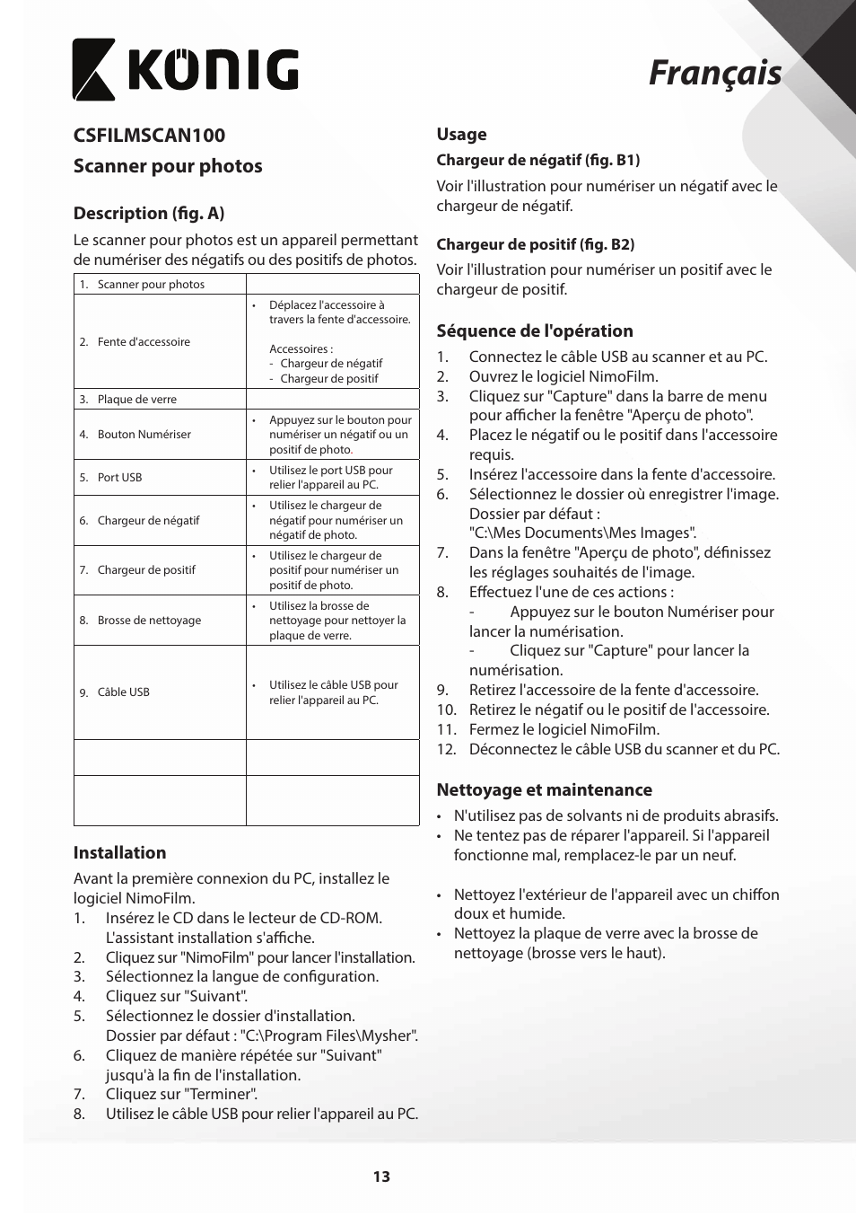 Français, Csfilmscan100 scanner pour photos | Konig Electronic Film scanner 2 megapixel User Manual | Page 13 / 56