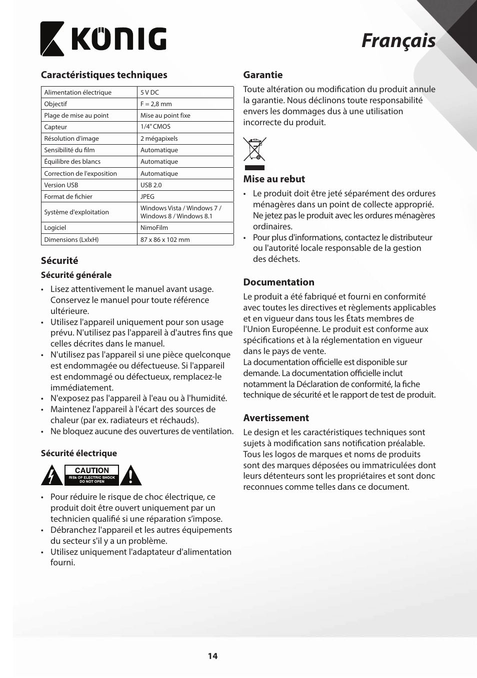 Français | Konig Electronic Film scanner 2 megapixel User Manual | Page 14 / 56