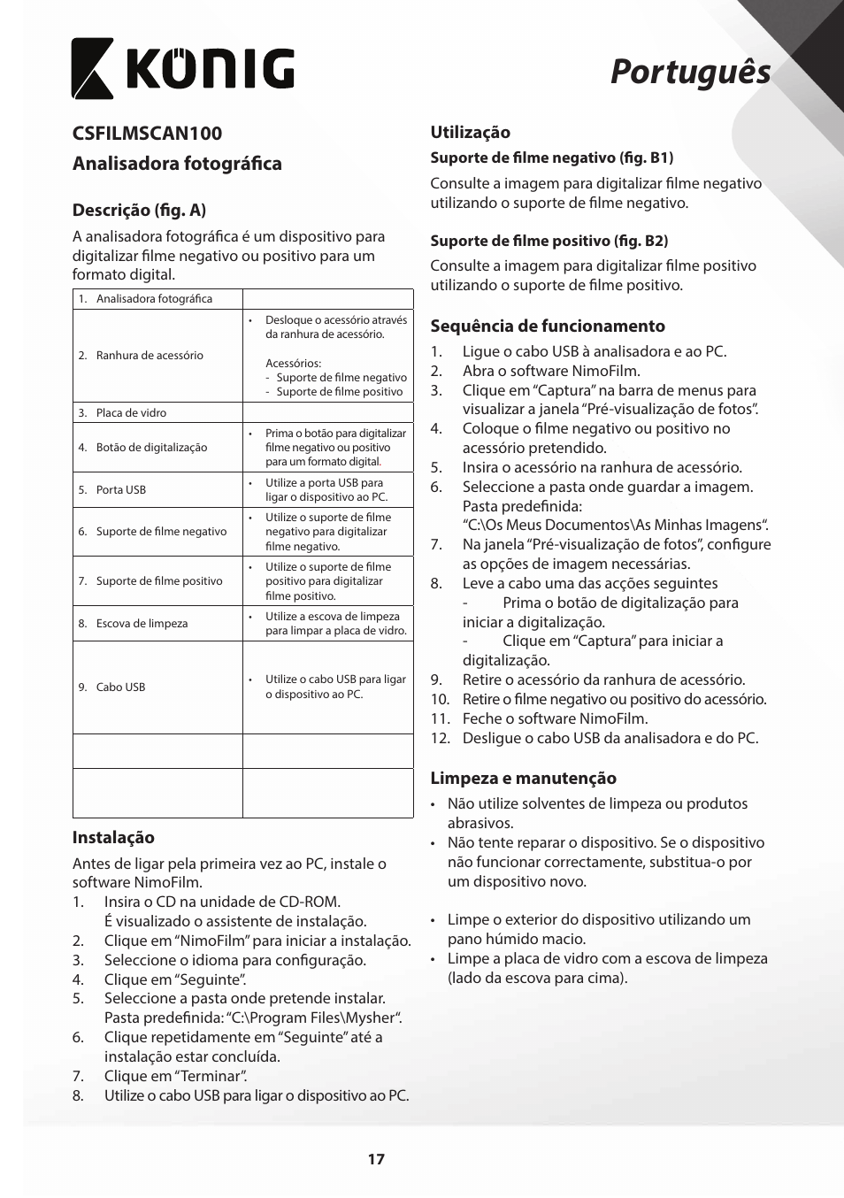 Português, Csfilmscan100 analisadora fotográfica | Konig Electronic Film scanner 2 megapixel User Manual | Page 17 / 56