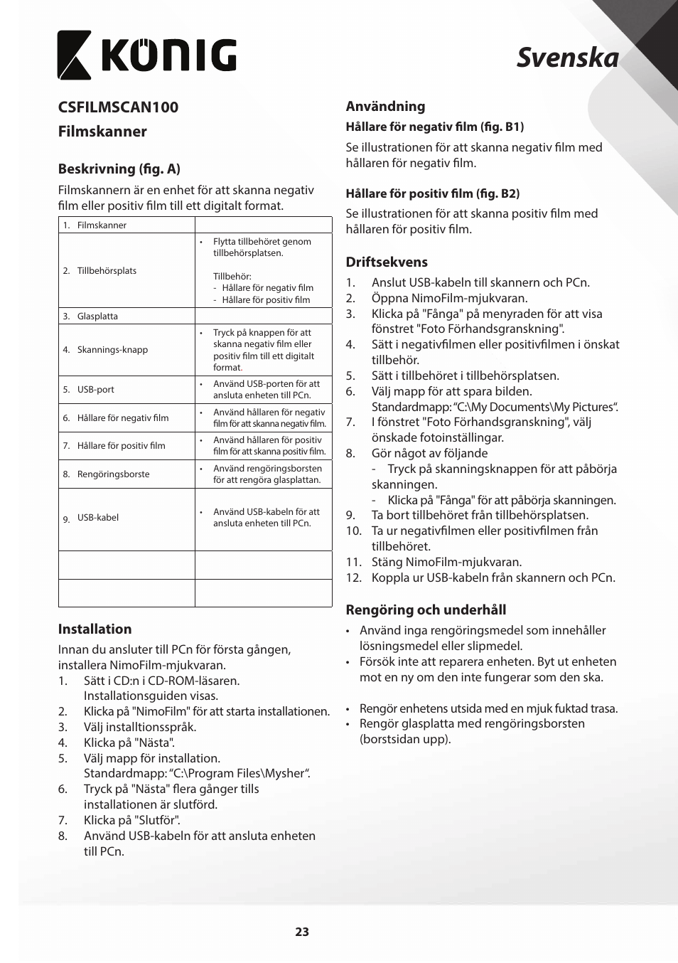 Svenska, Csfilmscan100 filmskanner | Konig Electronic Film scanner 2 megapixel User Manual | Page 23 / 56