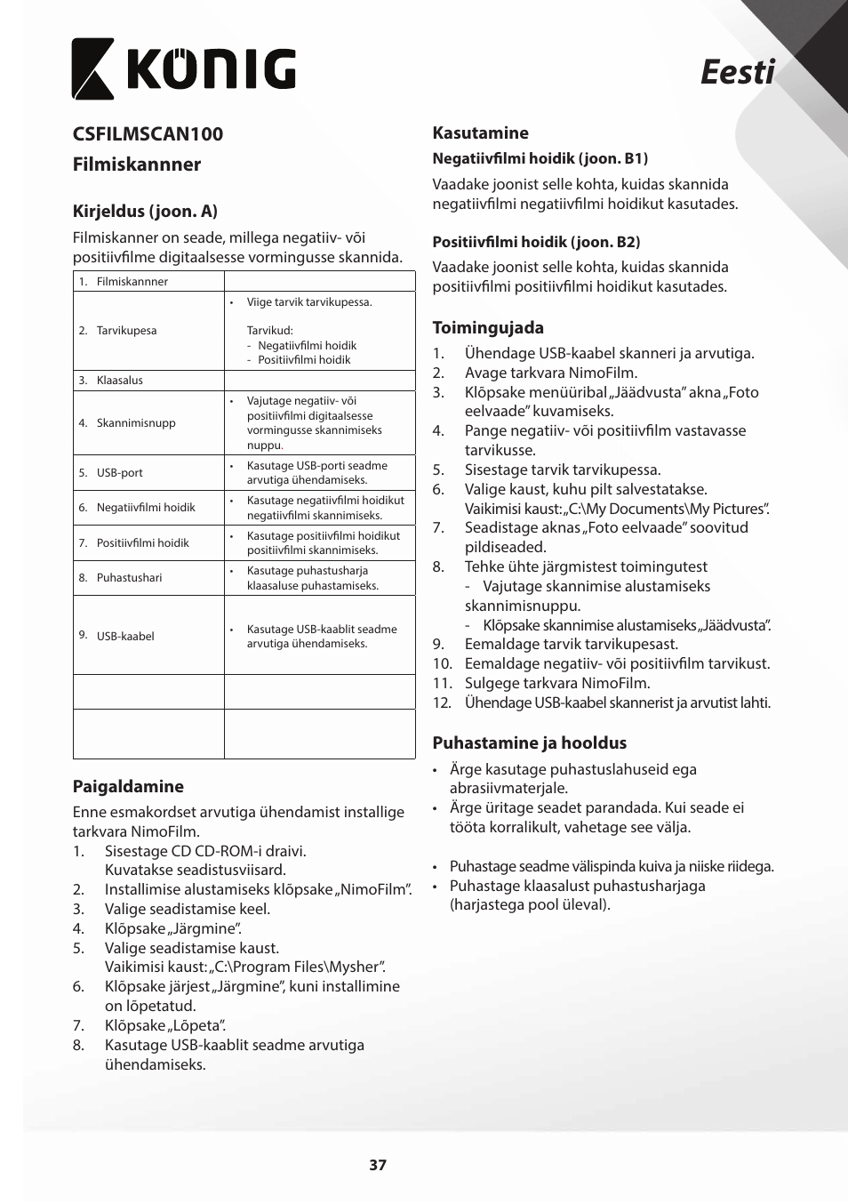 Eesti, Csfilmscan100 filmiskannner | Konig Electronic Film scanner 2 megapixel User Manual | Page 37 / 56