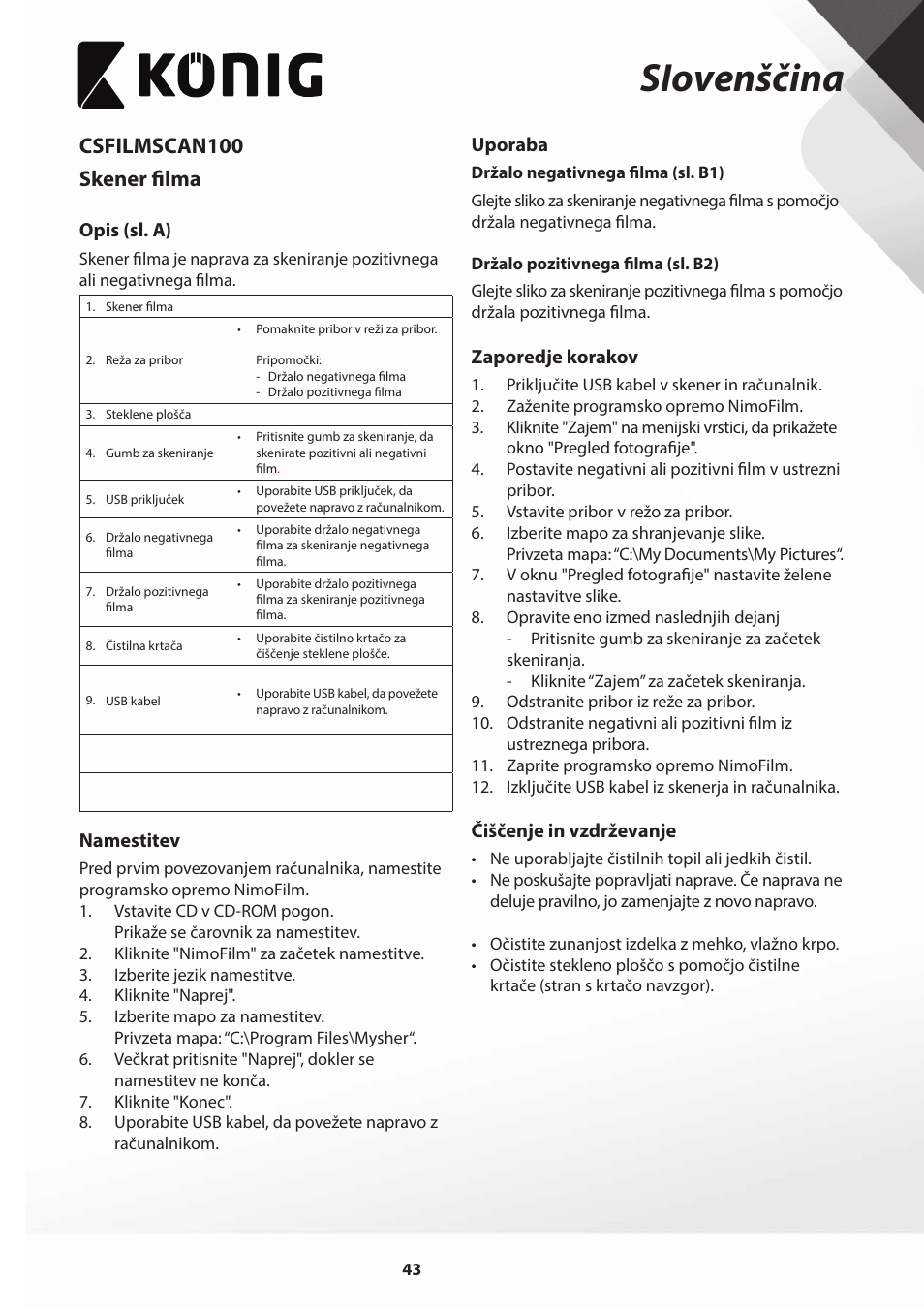 Siovenščina, Csfilmscan100 skener filma | Konig Electronic Film scanner 2 megapixel User Manual | Page 43 / 56